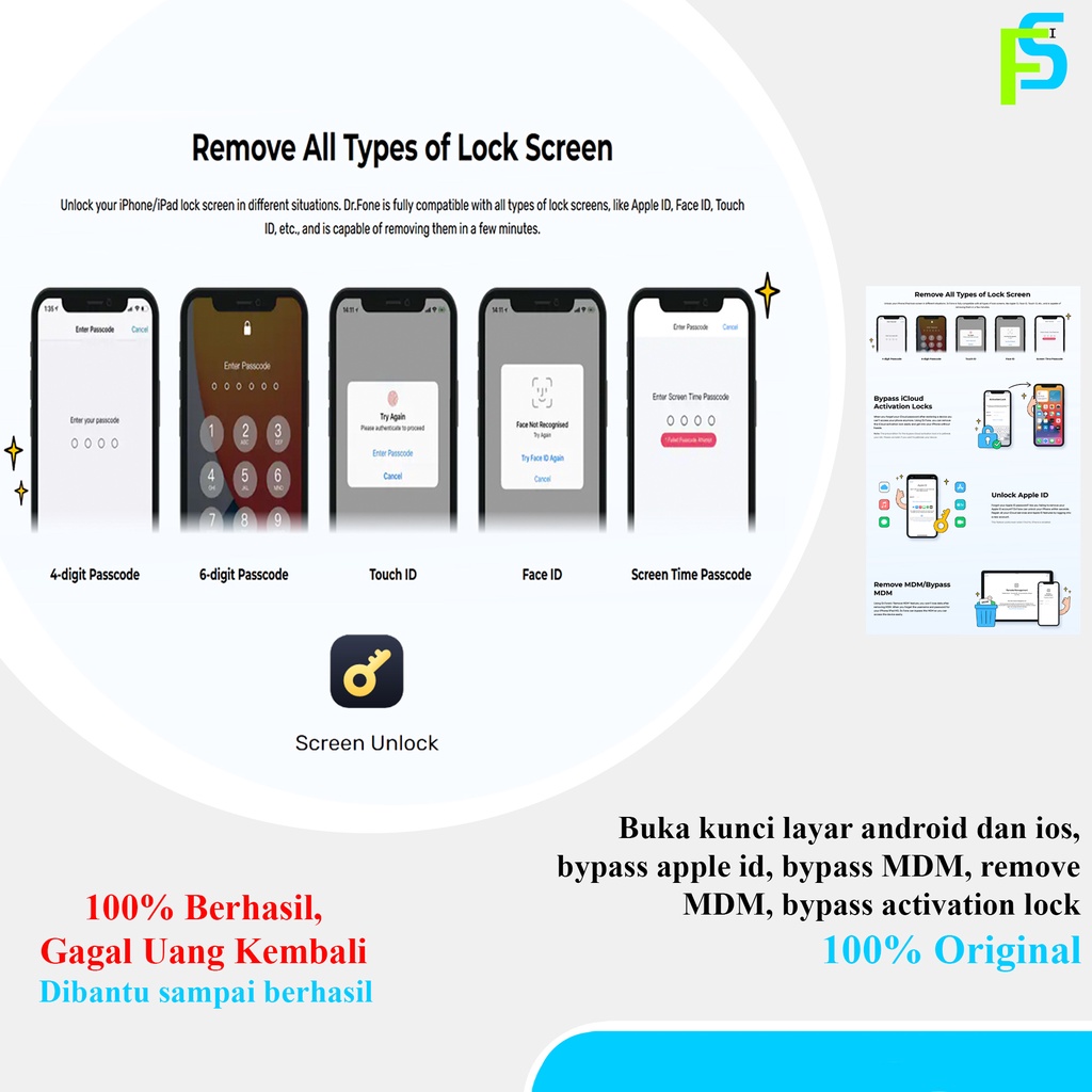 Dr Fone Screen Unlock (Buka Kunci Layar/Screen Lock Iphone, Bypass dan Remove MDM)  iOS Original