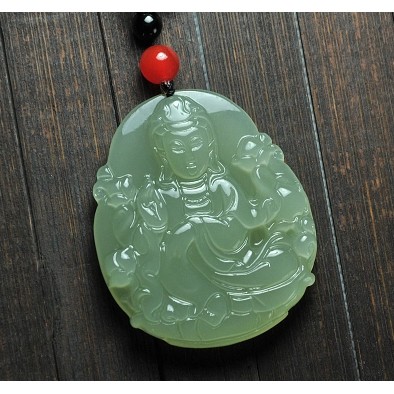 Liontin Giok HeTian Ukiran Dewi KwanIm HQ Natural C118