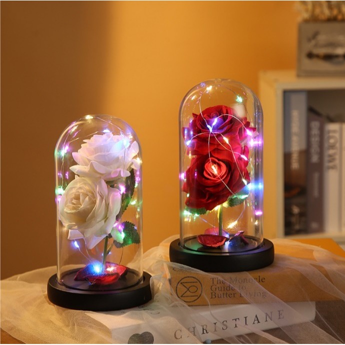 Lampu LED Bunga Mawar Dekorasi  Rose / Hampers Pajangan Kado Hiasan Ruangan Kamar Glass Dome glassdome / Lampu Bunga Hias / Lampu Tidur Hias LED