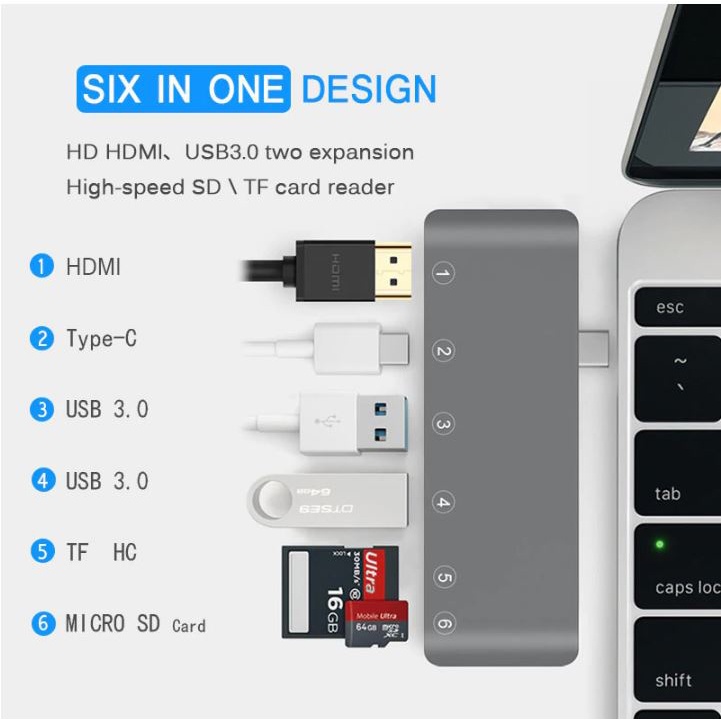 USB Hub 6 in 1 USB Type C with HDMI 4K &amp; Card Reader - T62 - Gray