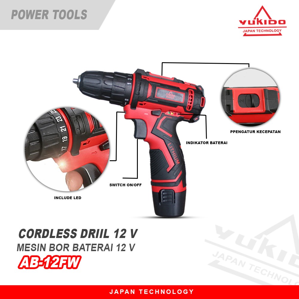 YUKIDO 12V-SET KOPER  Bor Obeng Bor Baterai 12 Volt Cordless Drill FULL MATA SHOCK OBENG DAN BOR DENGAN BOX