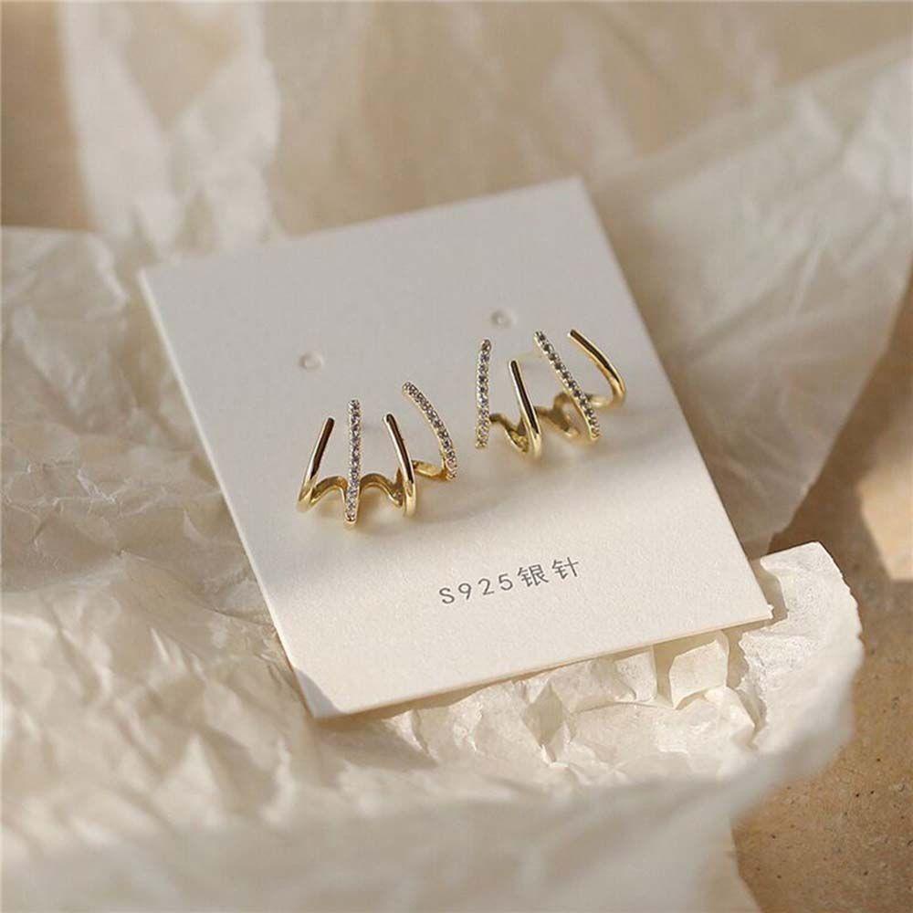 R-flower Stud Earrings Simple S925 Needle Anting Empat Baris Untuk Wanita Berlian Imitasi