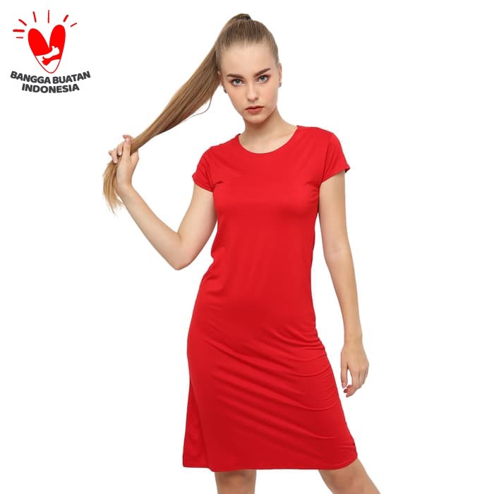 Lemone Spandek Premium Dress Wanita 12100023 Polos - Merah- S