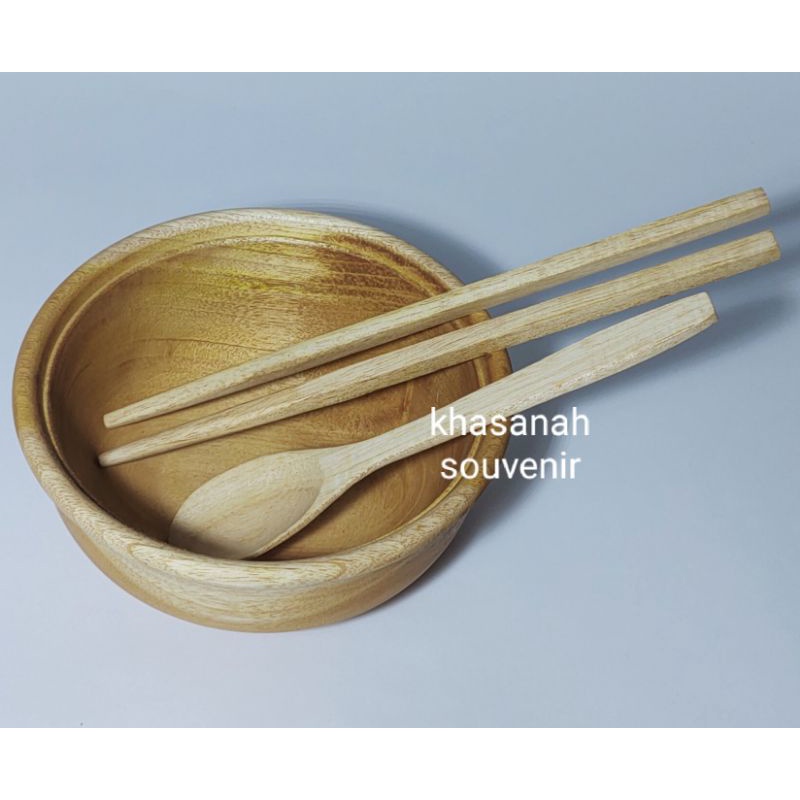 set mangkok sendok sumpit kayu ala Korea/ set alat makan kayu
