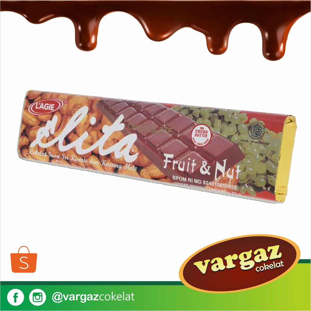 

LAGIE Elita Fruit & Nut Cokelat Batang Isi Kismis & Kacang Mete Kemasan 70gr