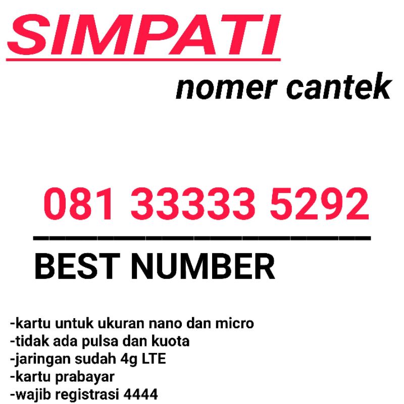 KARTU PERDANA NOMOR CANTIK SIMPATI TELKOMSEL 4G 3333 5292