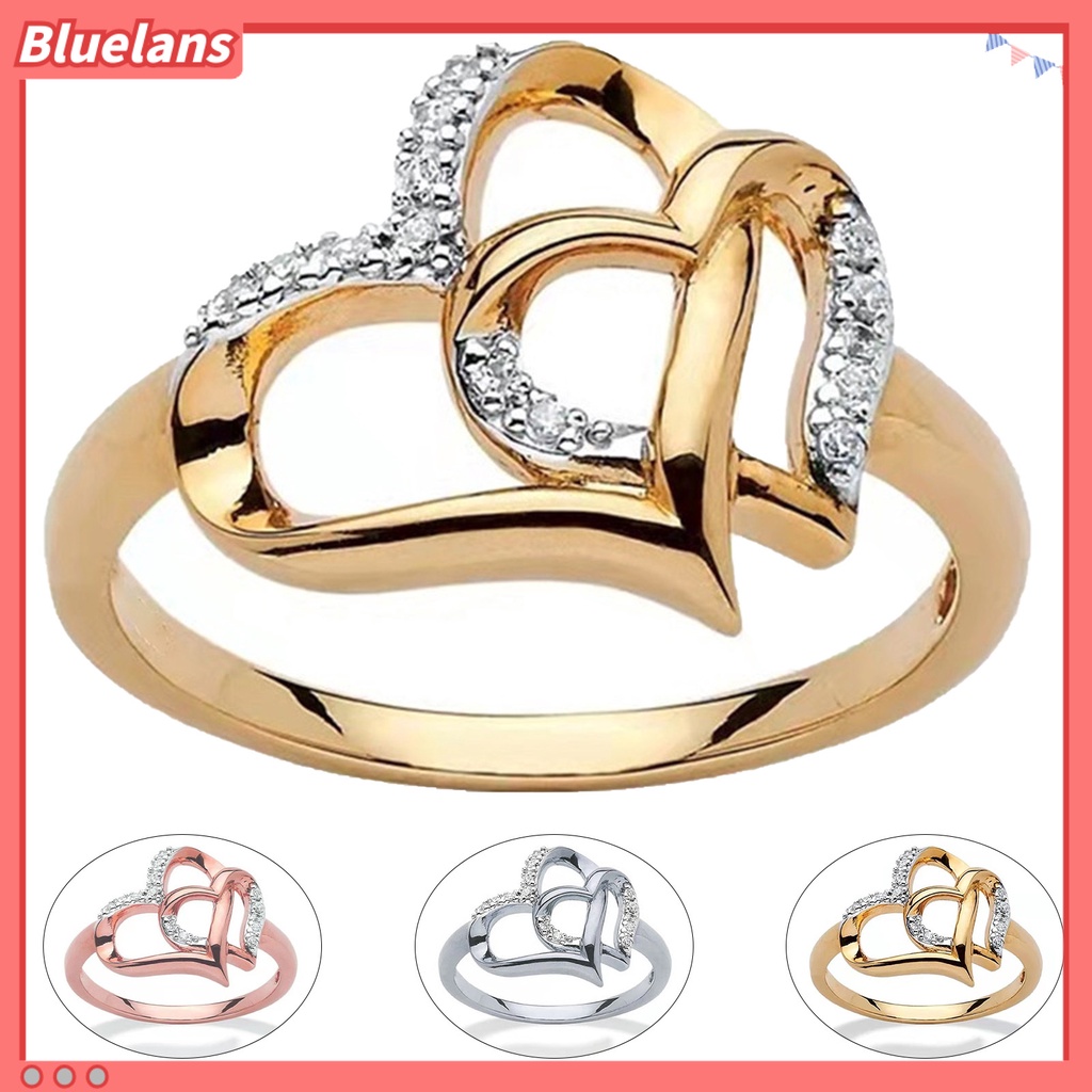 Bluelans Cincin Berlian Imitasi Bentuk Hati Ganda Model Hollow Bahan Alloy Untuk Wanita