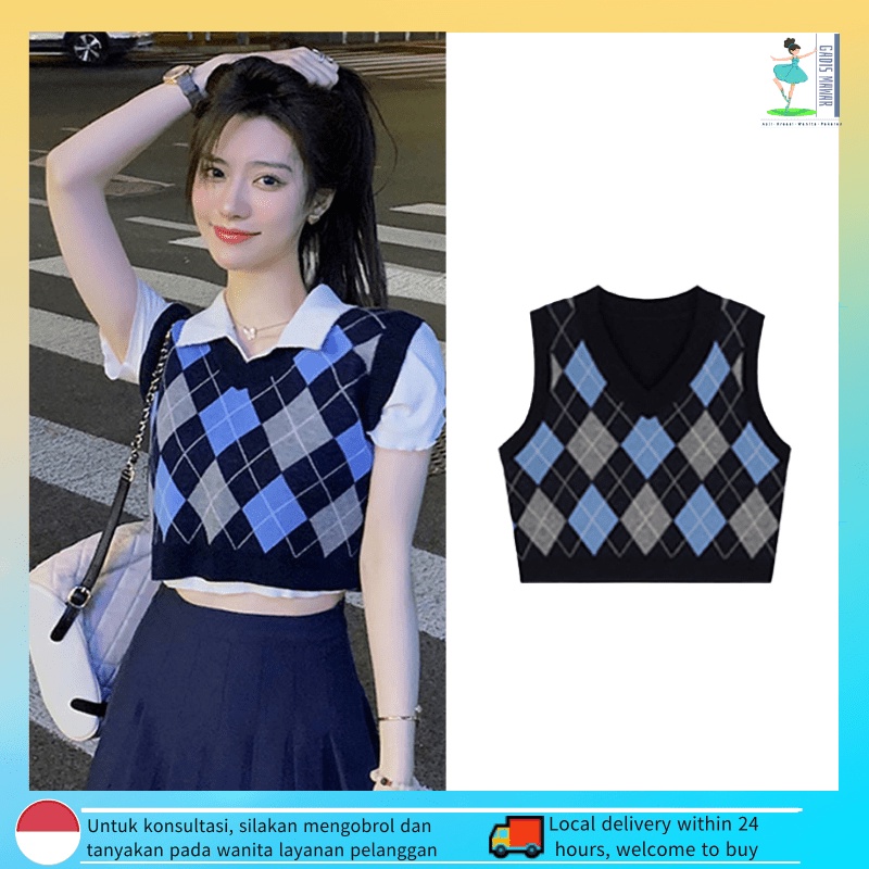 Kotak Kotak Vest Rajut Wanita Korean Style Gaya Jalanan/vest ketupat/Sweater Magra