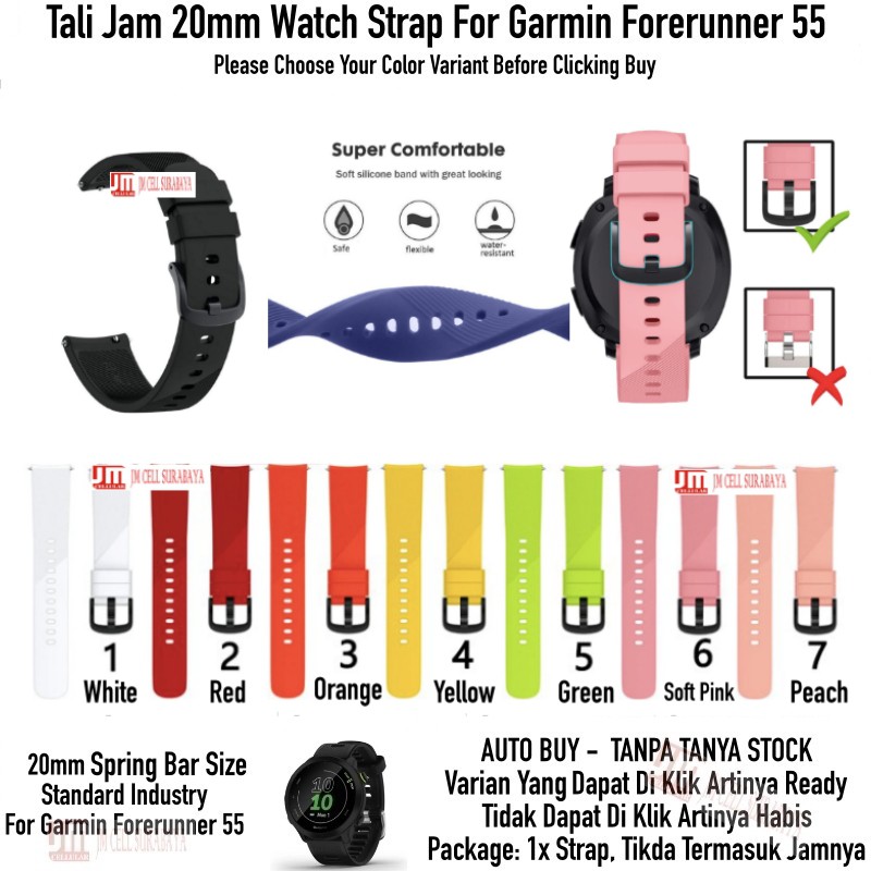 RTS Tali Jam 20mm Watch Strap Garmin Forerunner 55 - Sport Silikon Black Buckle