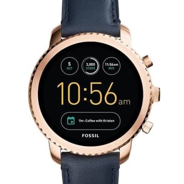 jam Fossil Smartwatch FTW4002 Gen 2 Navy Leather Strap RG Dial origina