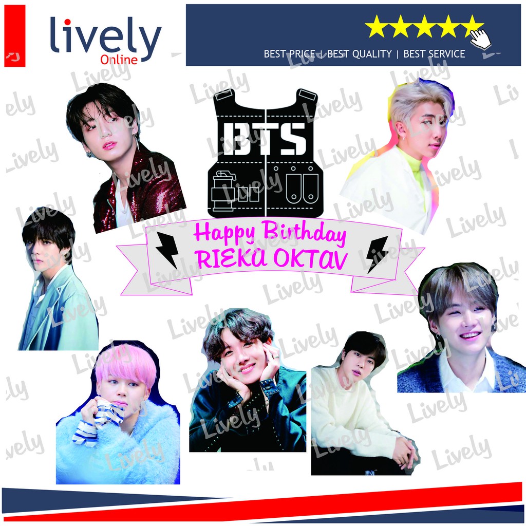 CAKE TOPPER KARAKTER HIASAN KUE HBD HAPPY BIRTHDAY CUSTOM NAMA BTS 01 set