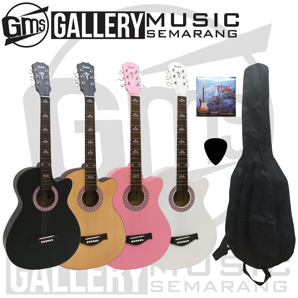 (PAKET KOMPLIT) Gitar Akustik Taylor Tanam Besi Bonus Softcase Pick Senar Cadangan