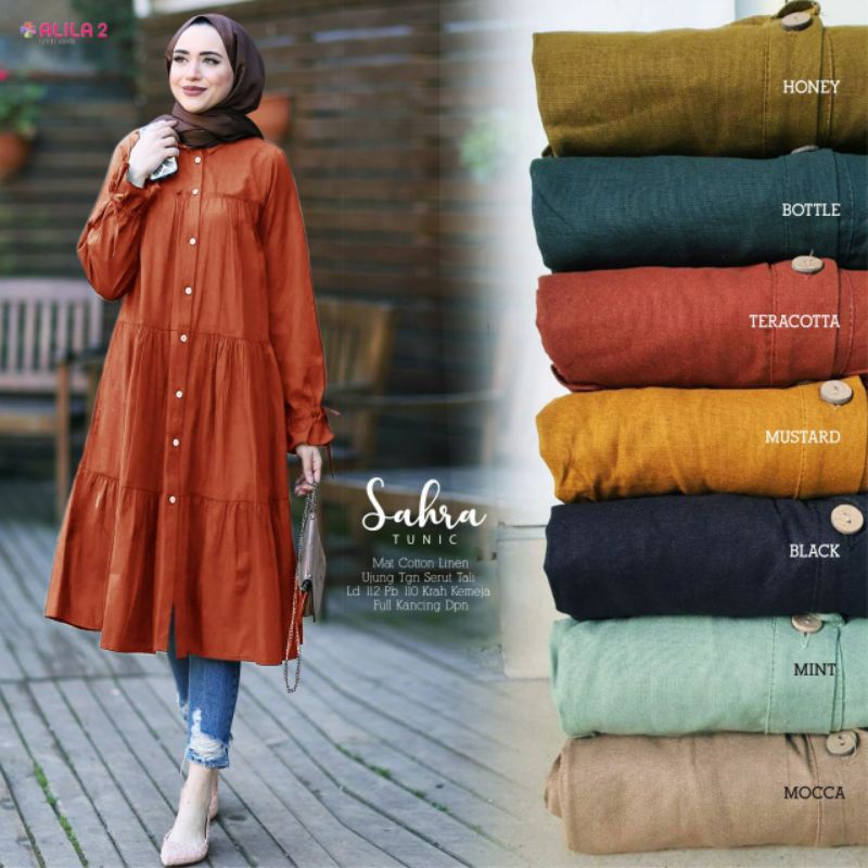 Tunik/Atasan wanita Sahra,Ujung tangan serut,Krah kemeja,Full kancing depan Ld112,Pb110