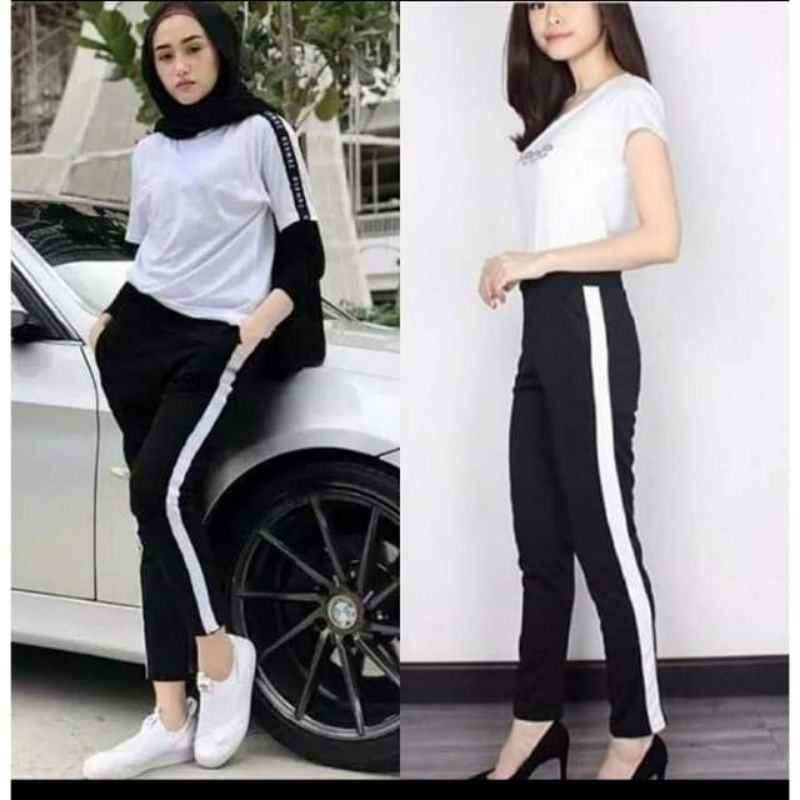 legging Wanita panjang List/strip/line putih jumbo BB 65-85kg