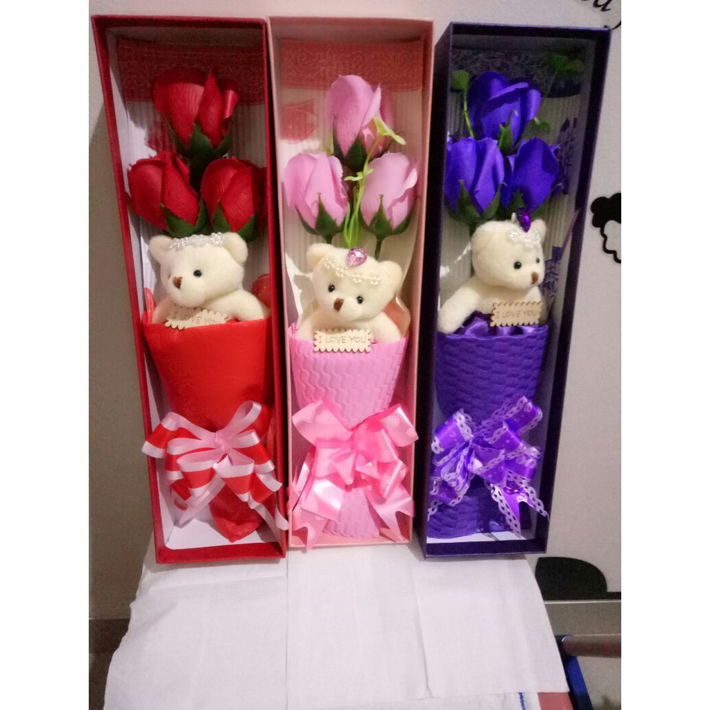 Bunga Mawar 3 Rose Flower soap + boneka beruang valentine gift Free Ongkir