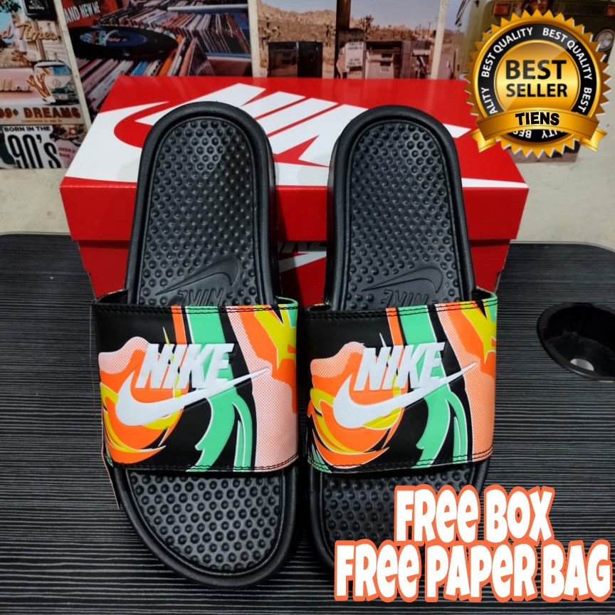 Sendal Nike Benassi Swoosh ORIGINAL Flip  Sandal Flop Bunga Black Selop Floral Mawar Slop Slide