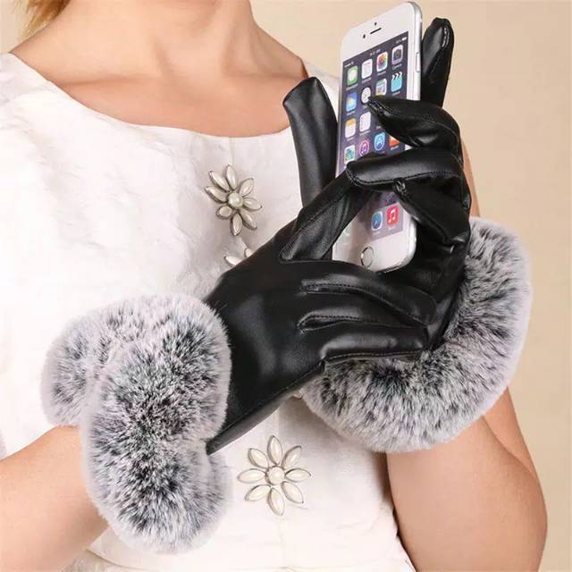 Woman Winter PU Leather Touchscreen Gloves Sarung Tangan Wanita Musim Dingin Gugur Layar Sentuh