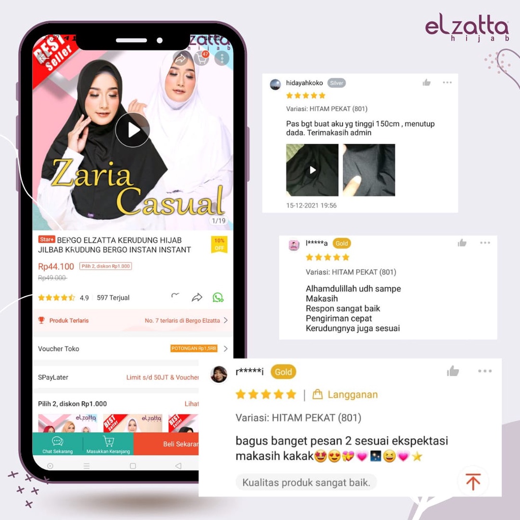 BERGO ELZATTA KERUDUNG HIJAB JILBAB KRUDUNG BERGO INSTAN  LANGSUNG POLOS PUTIH HITAMELZATA ZARIA CASUAL ELZATTA-4