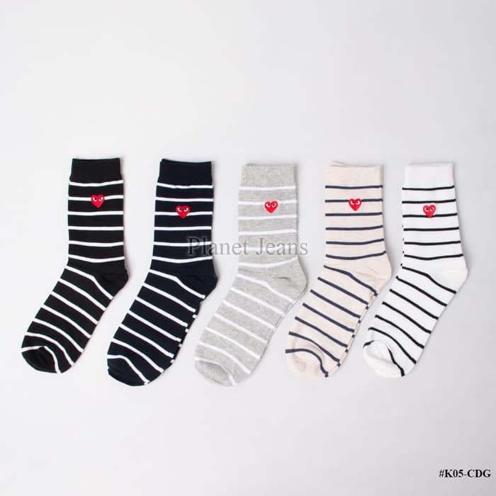 Jual Kaos kaki Panjang salur garis   belang CDG Play Love Comme des Garcons   Beige Limited