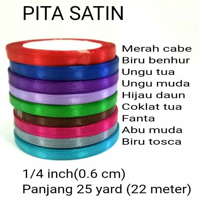 Pita satin warna ukuran 1/4 inch / 0,6 cm PER ROLL