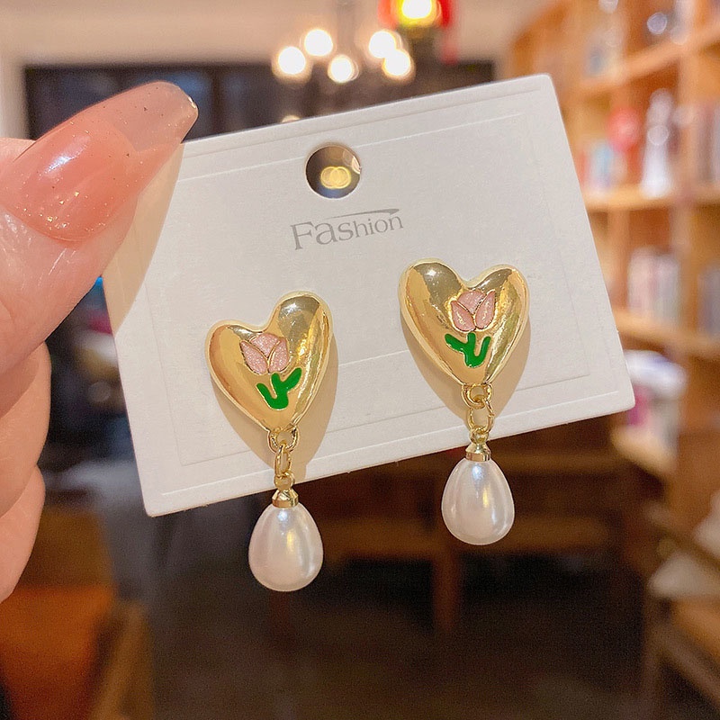 Anting Tusuk Gantung Bahan Sterling silver 925 Desain Bunga Tulip + Hati + Mutiara Gaya Mewah Untuk Wanita