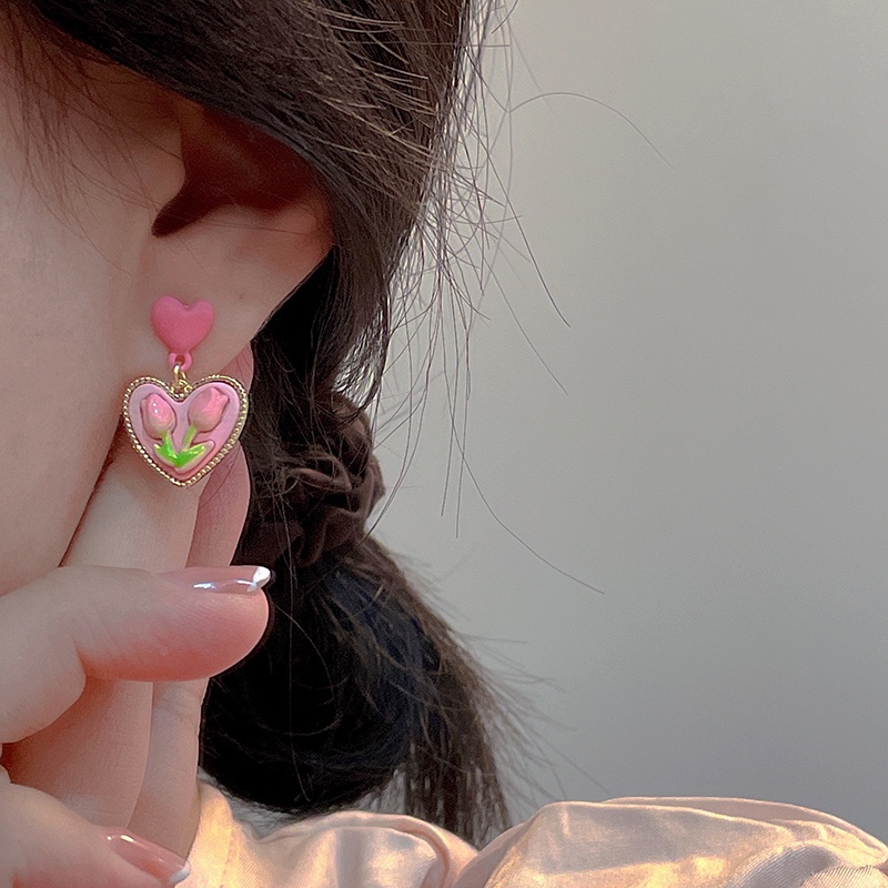 Anting Stud Hias Liontin Hati Pink Tulip Tepi Emas Untuk Wanita