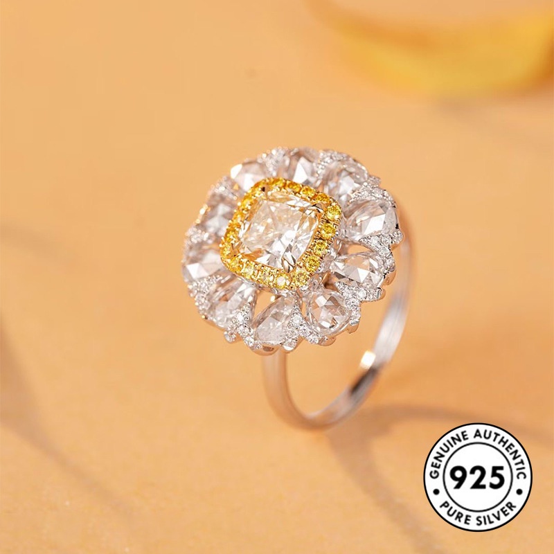 Cincin Sterling Silver 925 Model Bunga Dengan Berlian Kuning Mewah Untuk Wanita