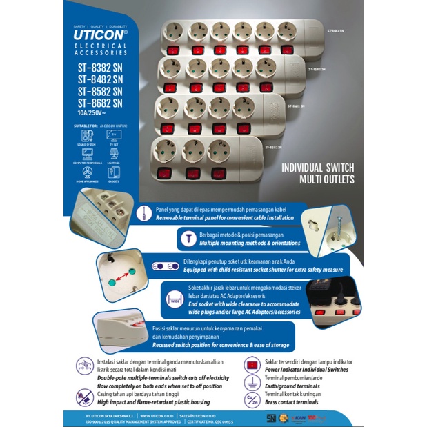 STOP KONTAK UTICON ST-8382SN 3 LUBANG + SAKLAR TERSENDIRI + PENGAMAN + PANEL TANPA KABEL