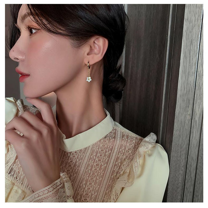 Anting Rumbai Panjang Desain Bunga Aksen Zirkon Gaya Korea retro