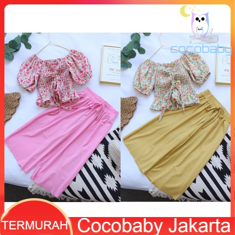 [Cocobaby Jakarta] Setelan Blus Off Shoulder Sabrina + Celana Panjang Motif Bunga Anak Perempuan