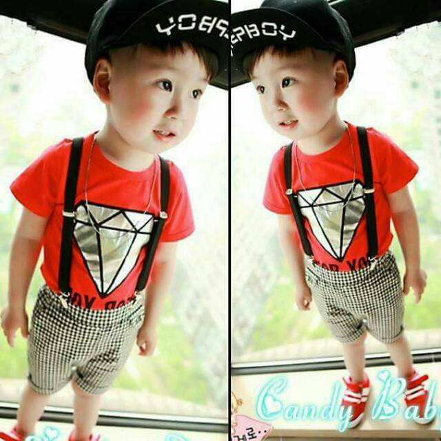 Setelan Anak Cowok Mr. Diamond For You Red With Suspender Set 3in1 (baju, celana, suspender)