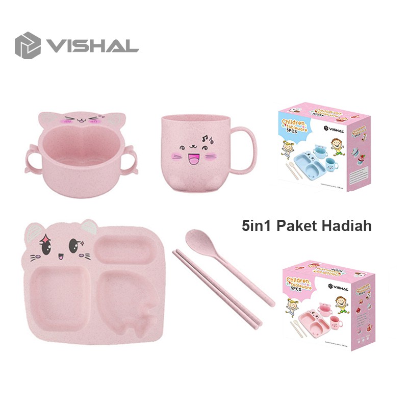 VISHAL Tempat Makan Set + Gelas + Mangkok / Tempat Sendok Garpu&amp;Amp Sumpit Piring Makan Anak Kartun