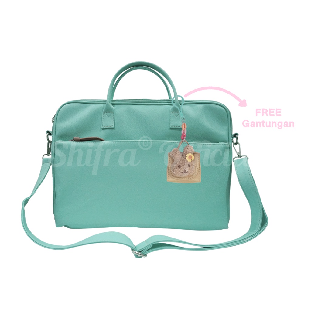 Shifra Tas Laptop Selempang Tali Panjang Polos Kulit Sintetis Waterproof Navy Pink Tosca (Free Mini Pouch Gantung Bear Rantai Random)