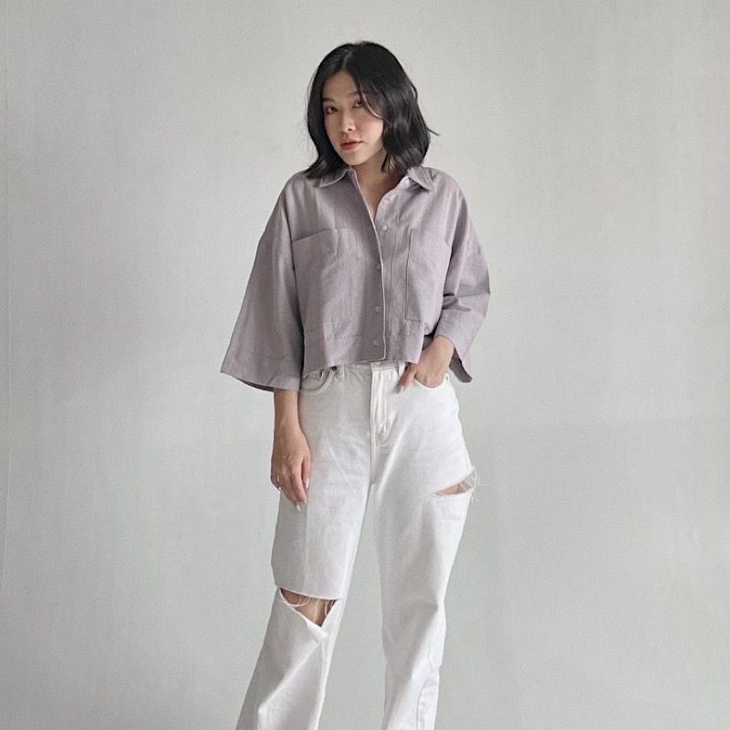 Kara Crop Top 919 - Kemeja Oversize - Kemeja Crop - Outer Oversized Shirt Linen