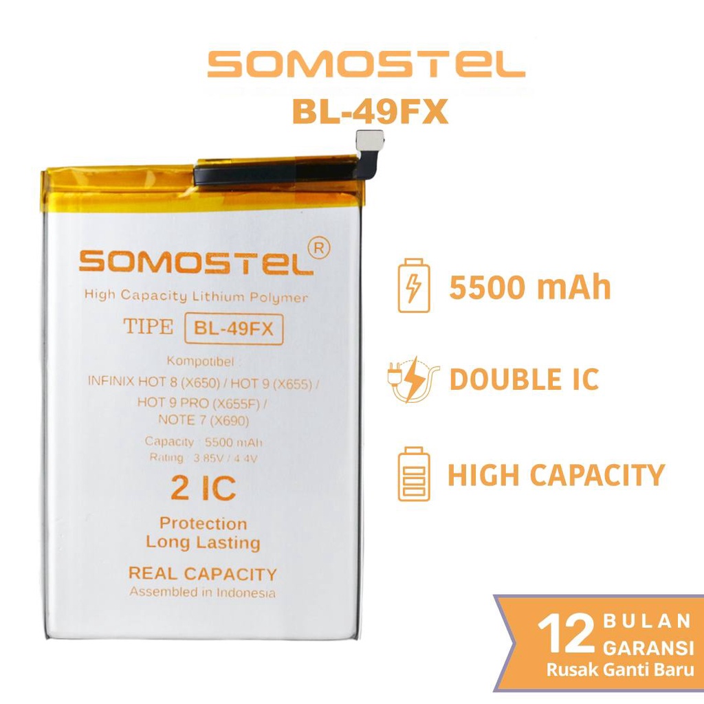 Somostel - BL-49FX Hot 8 X650 / Hot 9 X655 / Hot 9 Pro X655F / Note 7 X690 / Smart 5 X657 / Smart 6 X6511 Batre Batrai Baterai