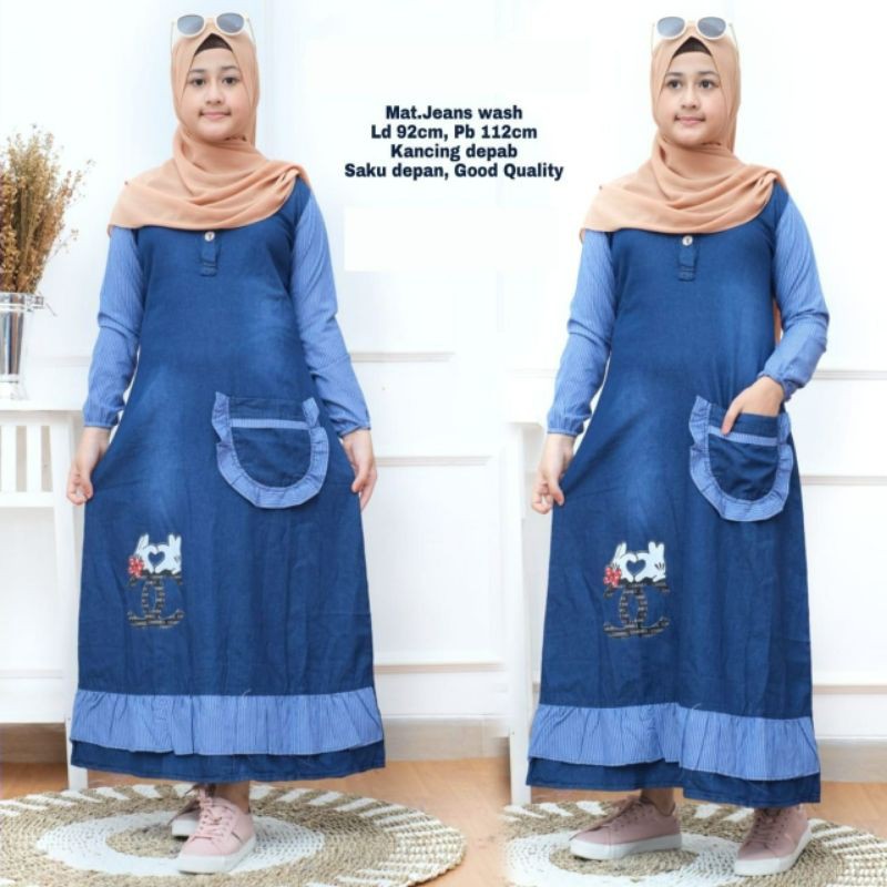 Elize 2 Gamis Anak Perempuan Tanggung Umur 9-12 Tahun Baju Jeans Remaja Rempel Susun Motif Kartun