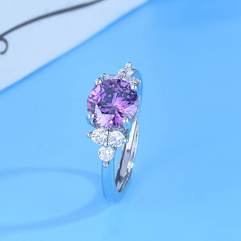 Cincin Silver Hias Cubic Zircon Ungu Gaya Romantisminimalis Berkilau Untuk Wanita