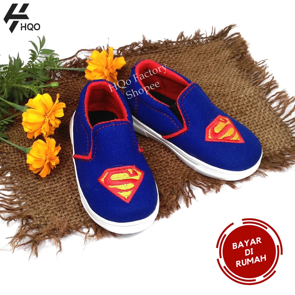 HQo Sepatu Anak Laki - Laki Slip On / Sepatu Anak Cowok / Sepatu Anak Casual / Superman Biru