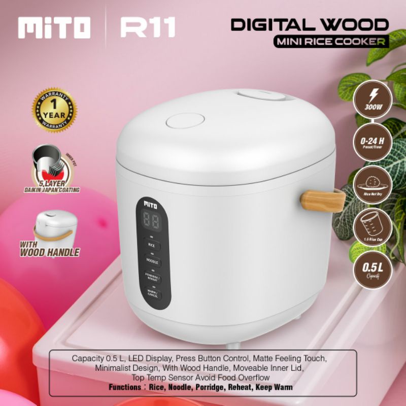 Rice Cooker Digital Mini Mito R11 0,5L Digital Wood Handle Daikin Coating Garansi Resmi