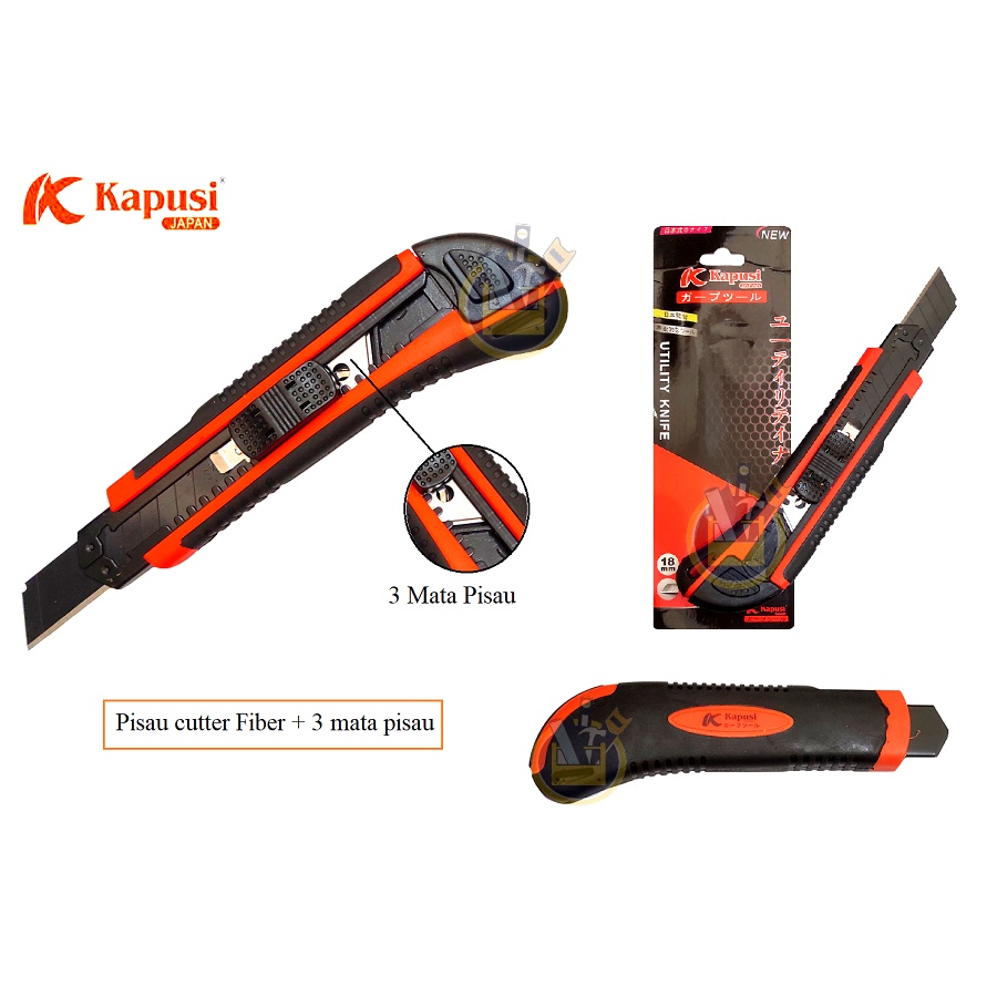 KAPUSI K8747 Pisau Cutter Fiber 18 mm + 3 Mata Pisau / Cutter Fiber Gagang Karet Besar Cuter Kater Utility Knife 18mm