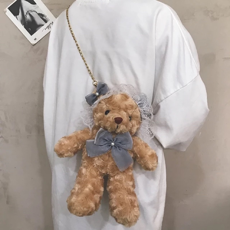 TAS BONEKA BERUANG PITA RENDA LUCU BULU BULU/ TASSLEMPANG TEDDY BEAR BERUANG PITA TELINGA LEHER PUTIH COKLAT TALI RANTAI