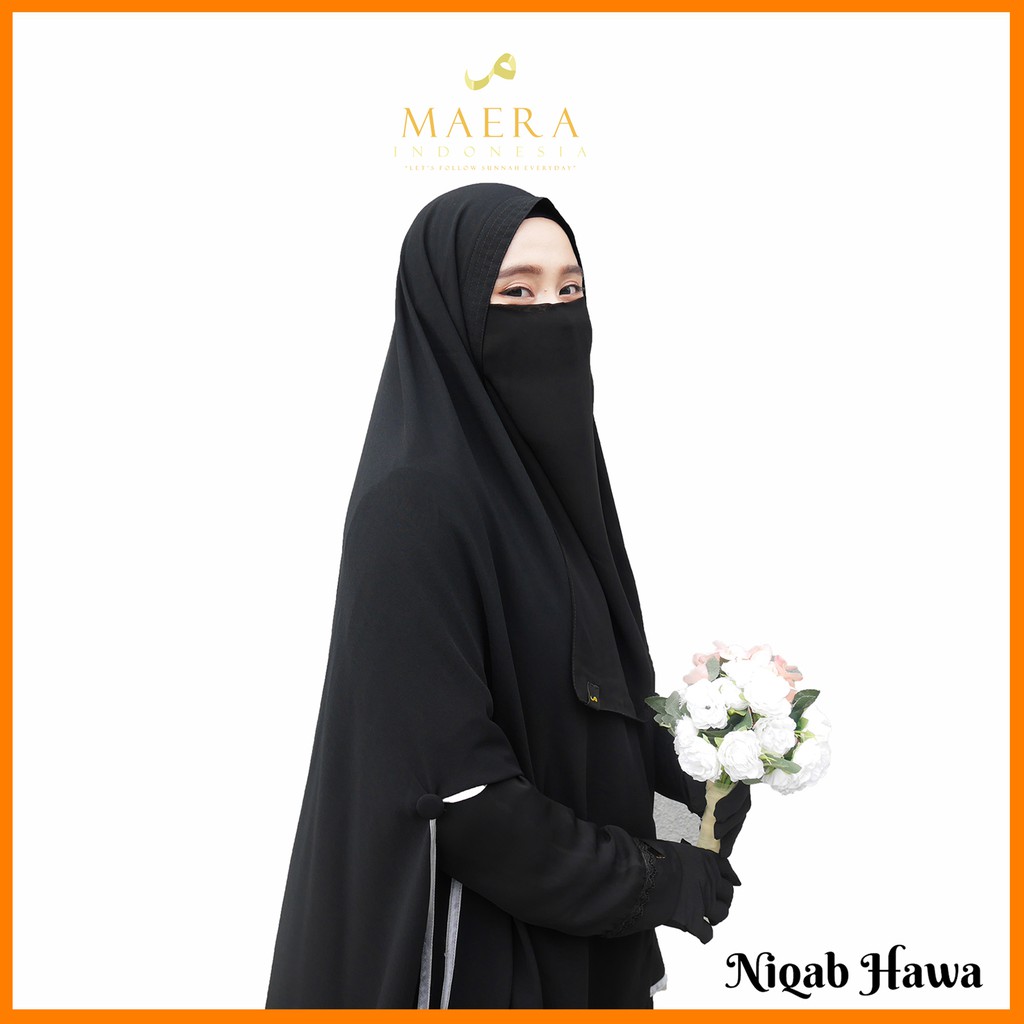 Niqab Cadar Karet dan Tali 2 Layer Tanpa Jahitan Bawah Mata Chiffon Silk Jetblack Hawa