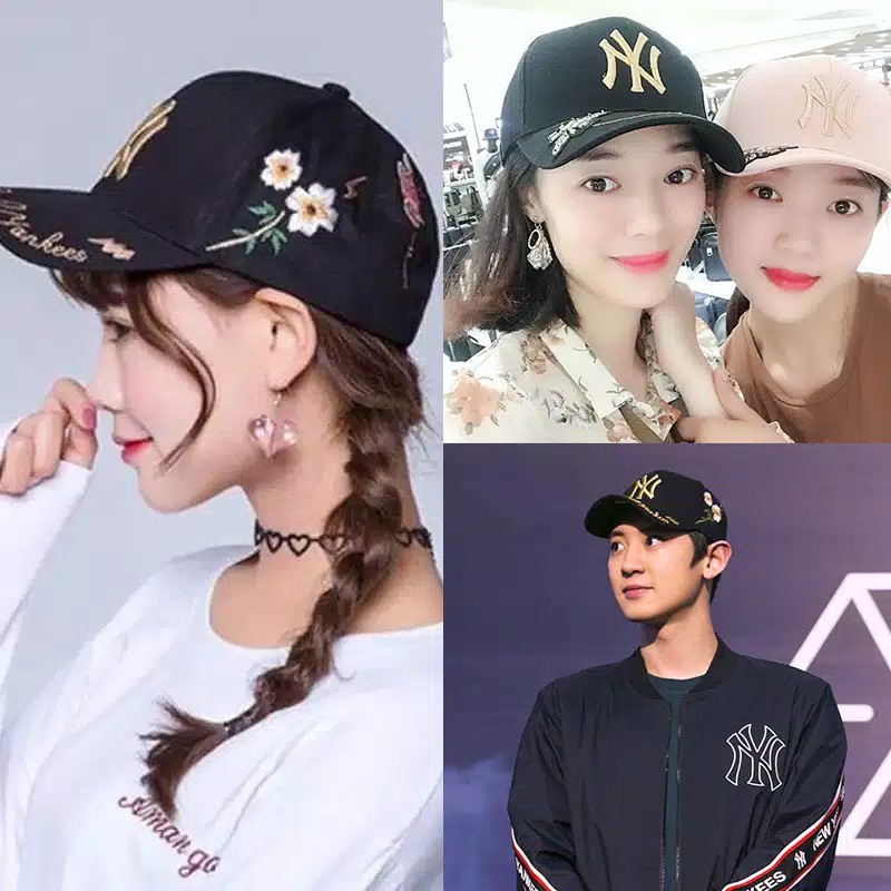 TOPI WANITA KOREA SNAPBACK NY DISTRO BASEBALL CAP YANKEES MOTIF BORDIR KUPU KUPU TQC