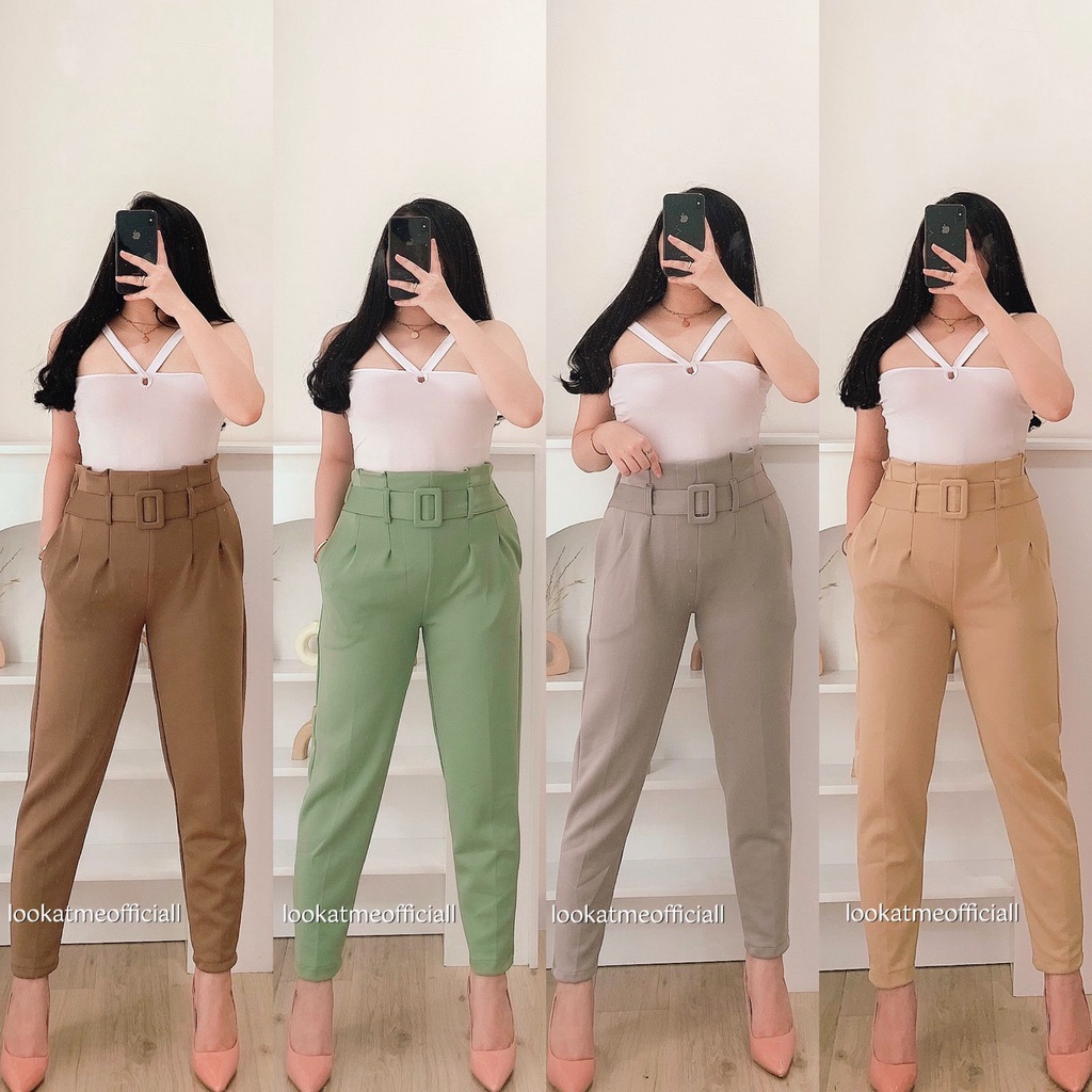 Lookatmeofficial • Celana Highwaist Scuba Office Belt Pants - Celana Kantor Wanita