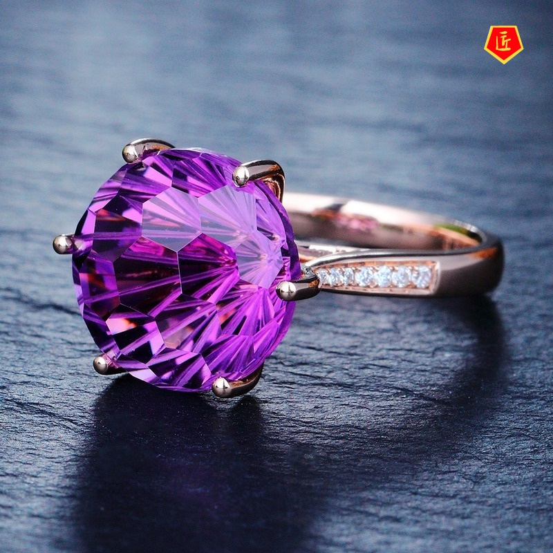 [Ready Stock]Korean Style High-End Six-Claw Amethyst Ring Elegant