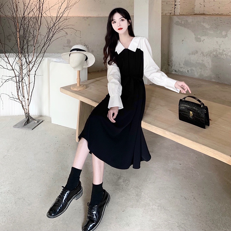 [littlecrab] Dress Wanita Putih Hitam Moka Kemeja Dress Kerja Lengan Panjang Dress Simple Elegan Korean Style