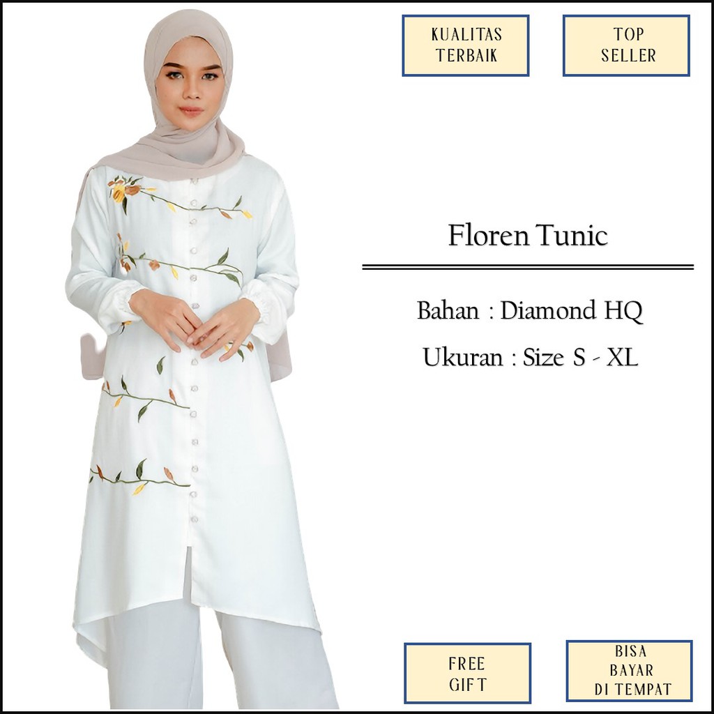 Atasan Tunik Tunic Warna Putih Broken White Motif Bordir Bunga Kancing Depan Bahan Diamond Size S XL