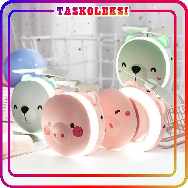 ☛TK☚ R191 Kipas Makeup LED Light 3 In 1 USB Charging / Kipas Mini Fan Cartoon / Cosmetic Mirror