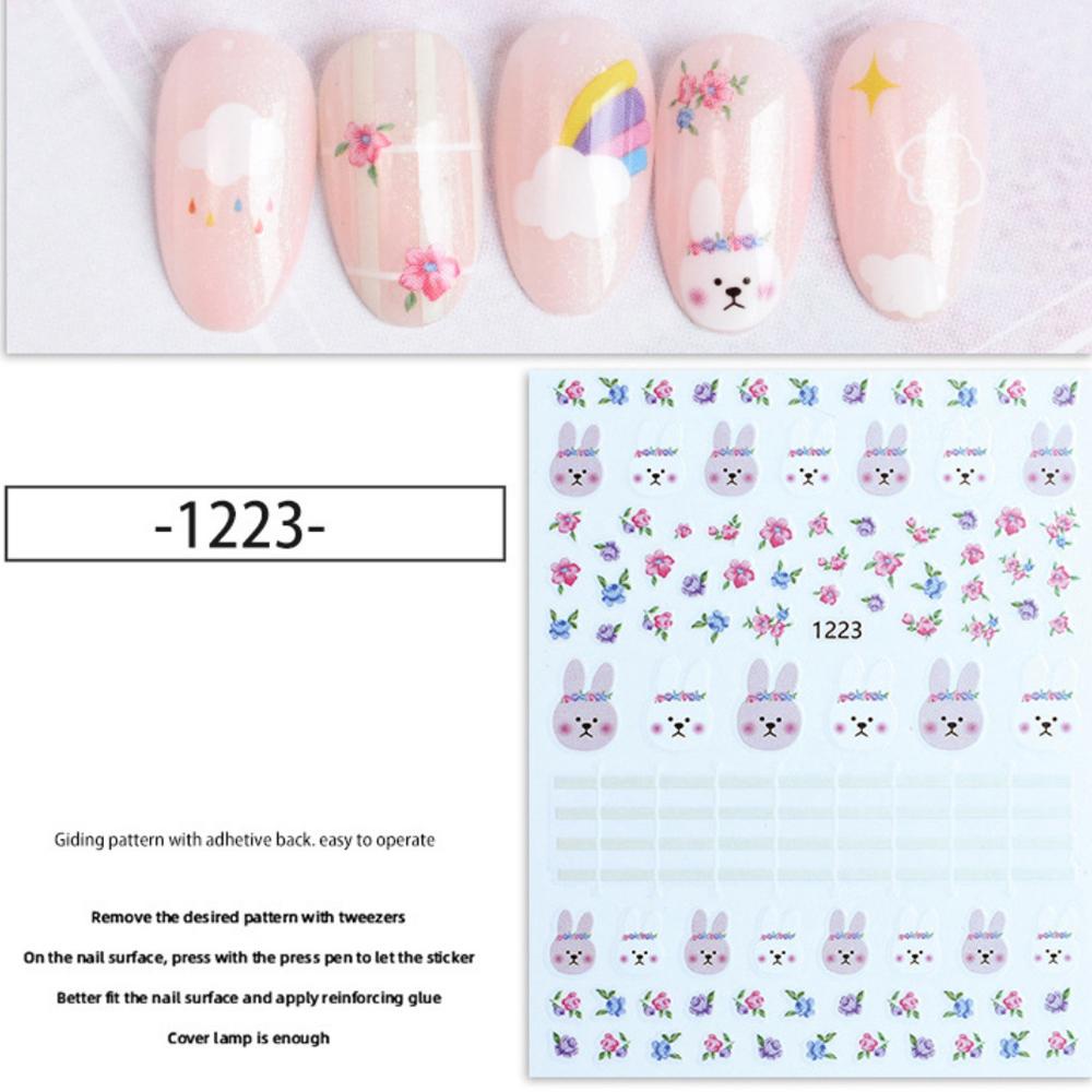 [Elegan] Stiker Kuku Kelinci Lucu Perekat Diri Daisy Kartun Ultra-Tipis DIY Nail Decals