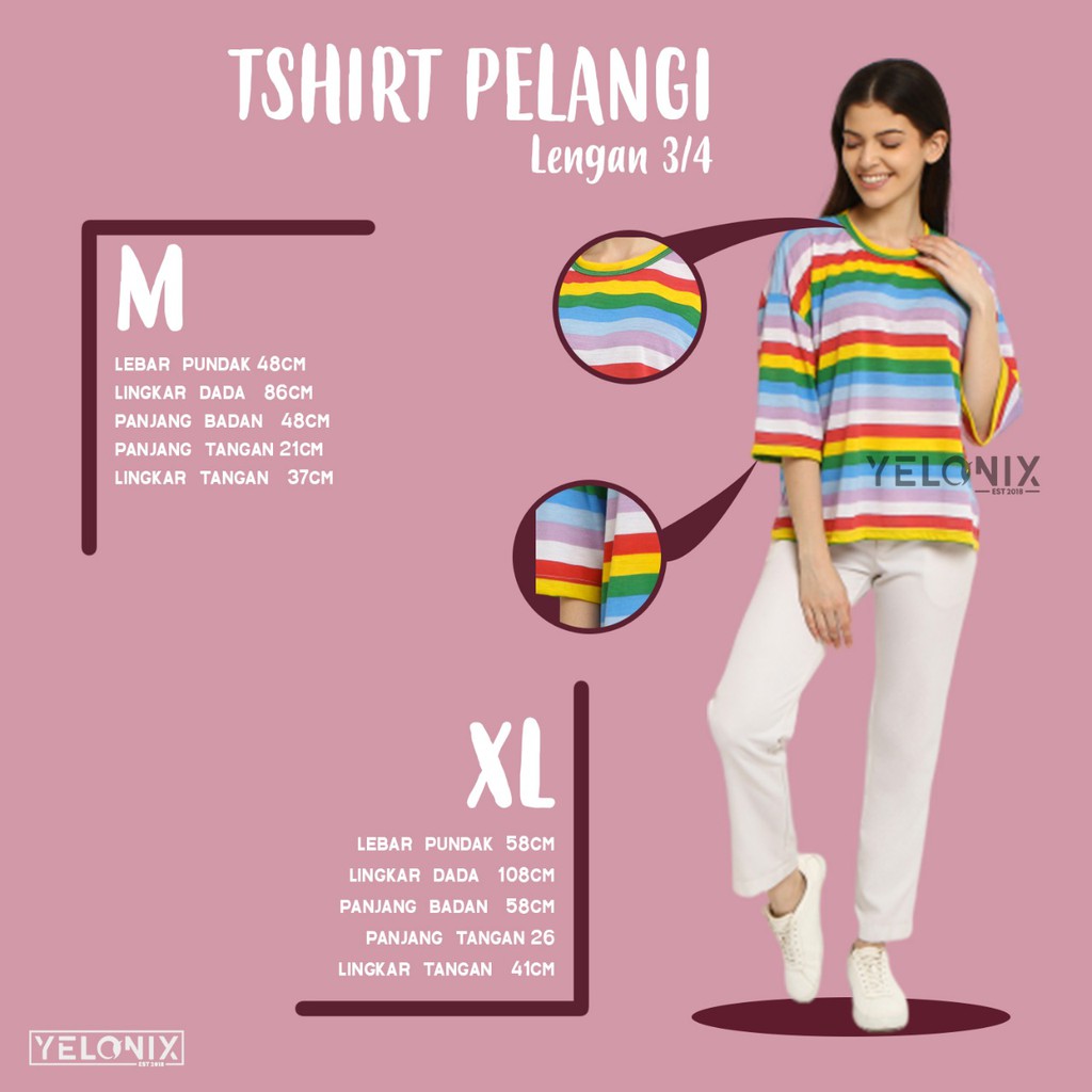 KAOS T-SHIRT ONECK MOTIF GARIS PELANGI SWEET CANDY RAINBOW - YELONIX